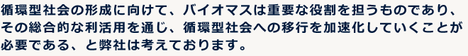 循環型社会の形成に向けて、バイオマスは重要な役割を担うものであり、その総合的な利活用を通じ、循環型社会への移行を加速化していくことが必要である、と弊社は考えております。